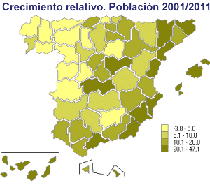 Mapa de España: Crecimiento relativo de población
por provincias entre 2001 y 2011