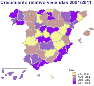 Mapa de España: Crecimiento relativo de población
por provincias entre 2001 y 2011