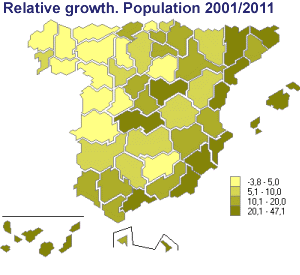 Map of Spain: Population relative growth by province between 2001 and 2011