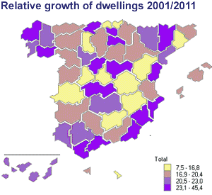 Map of Spain: Relative population growth by provinces between 2001 and 2011